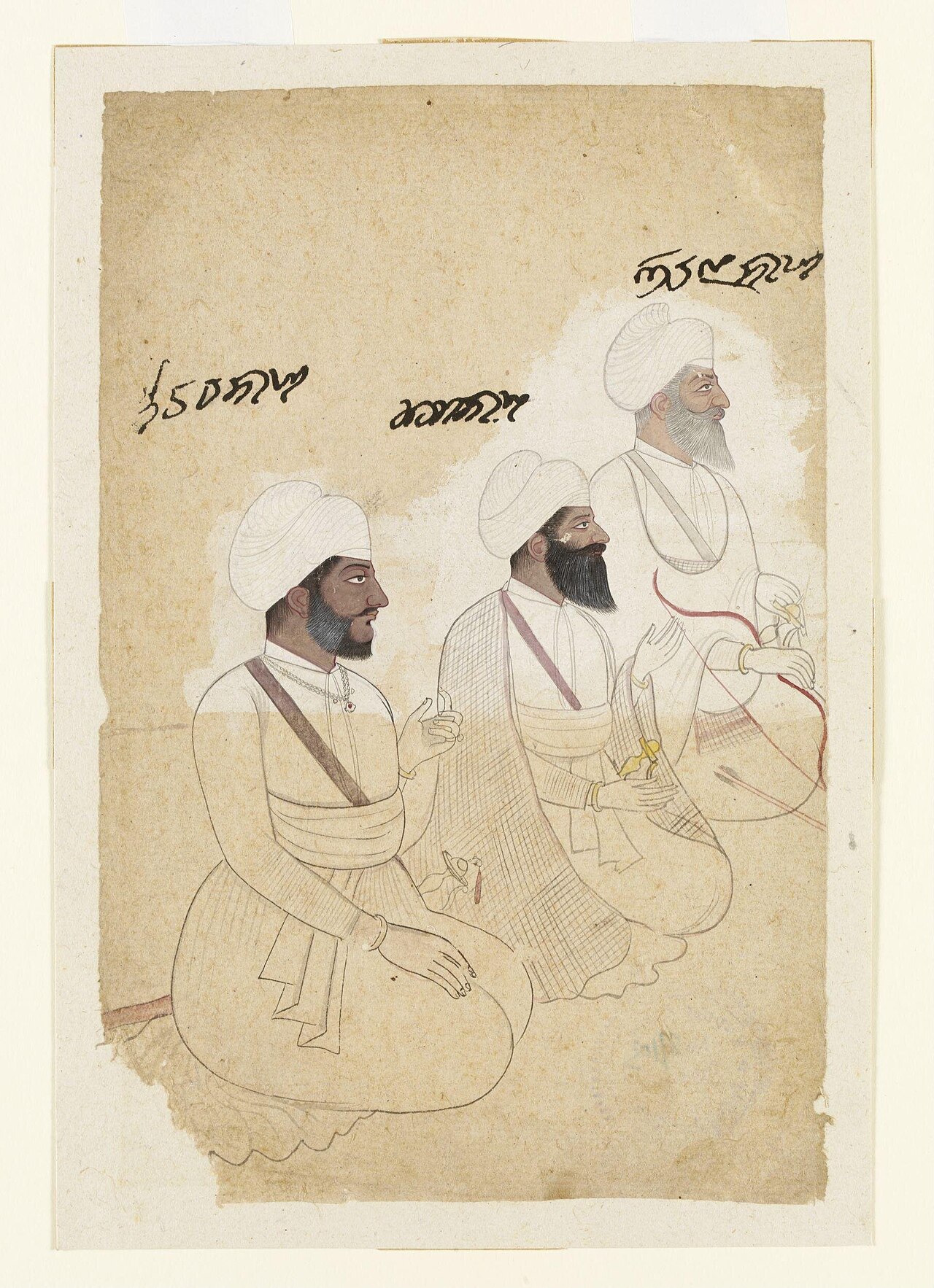 A late 18th-century painting of three seated Sikh sardars of the misl period.