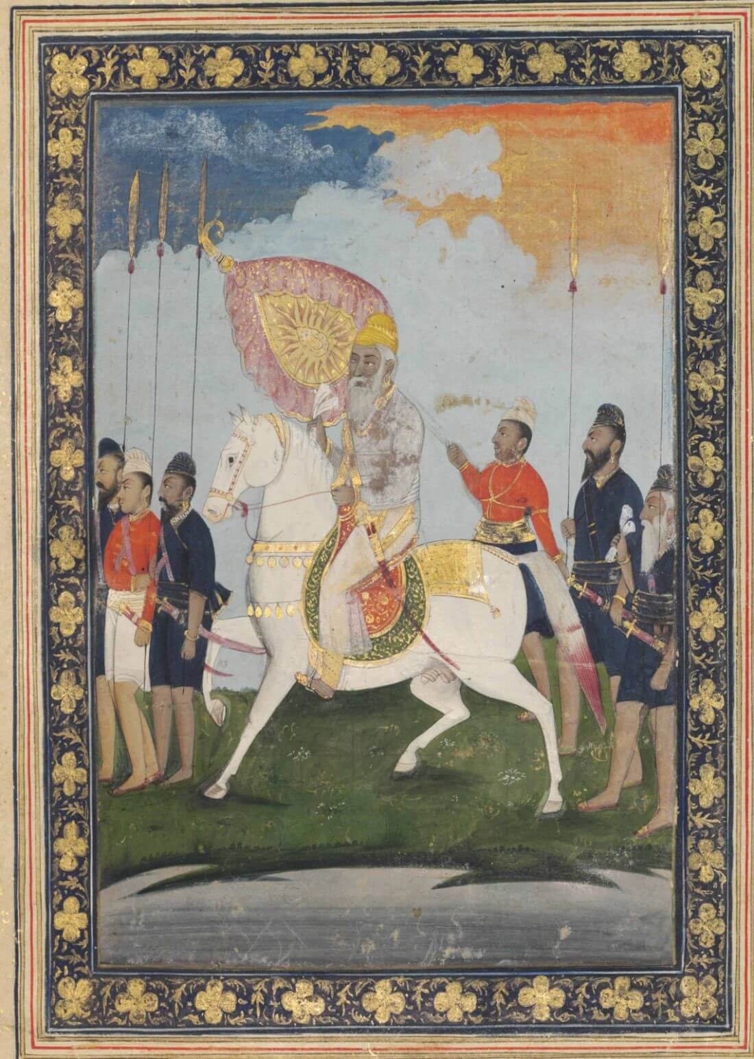 An equestrian portrait of Maharaja Ranjit Singh accompanied by his retinue.