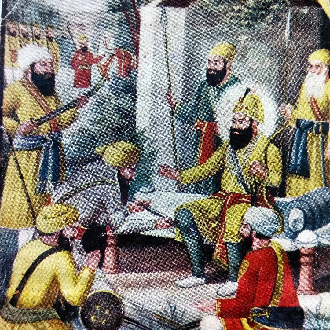 A painting of Banda Singh Bahadur receiving five arrows in blessing from Guru Gobind Singh.